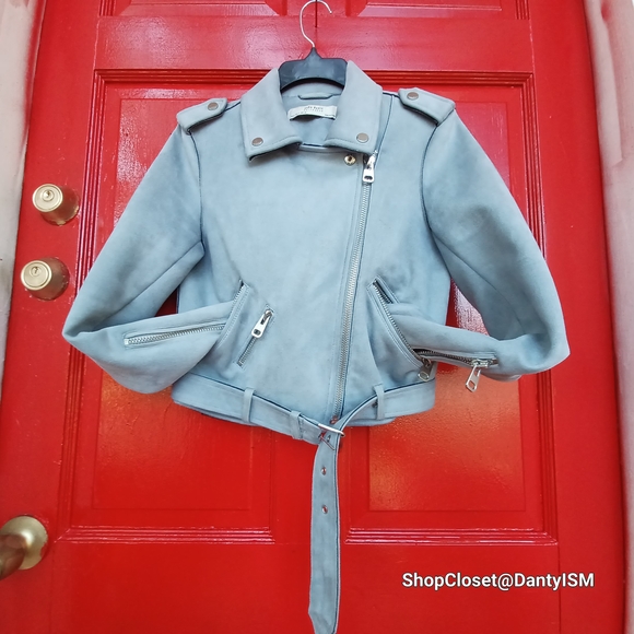 Zara Sky Blue Leather Jacket - Picture 2 of 14
